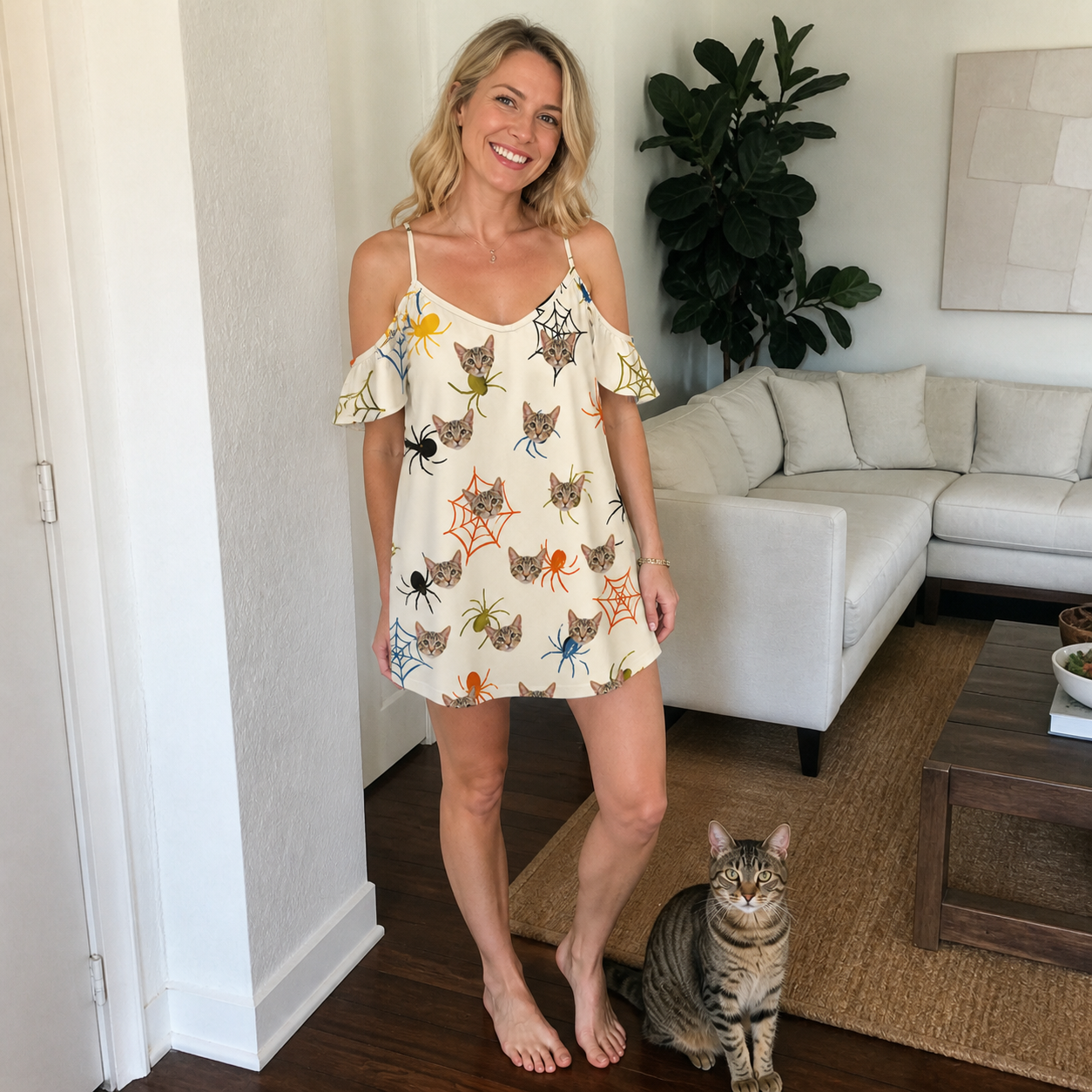 Full-length photo with the pet printed all over this Women's Creepy Crawlers Custom Cat Face Off-Shoulder Dress