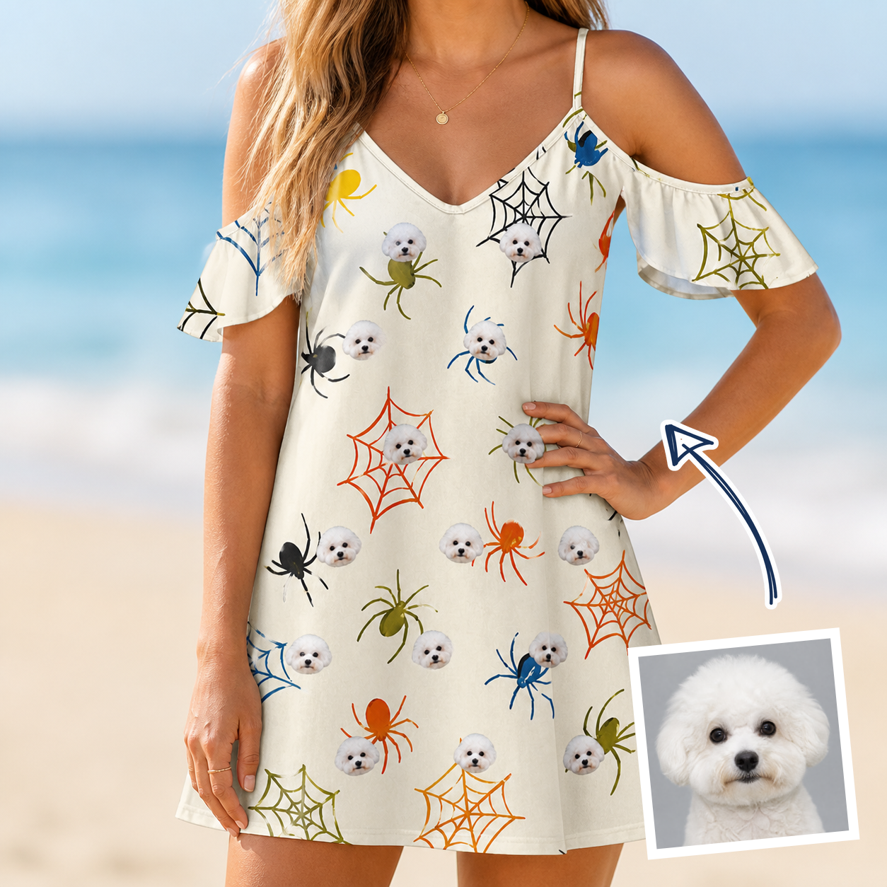 Woman wearing Women's Creepy Crawlers Custom Dog Face Off-Shoulder Dress — custom faces printed all-over