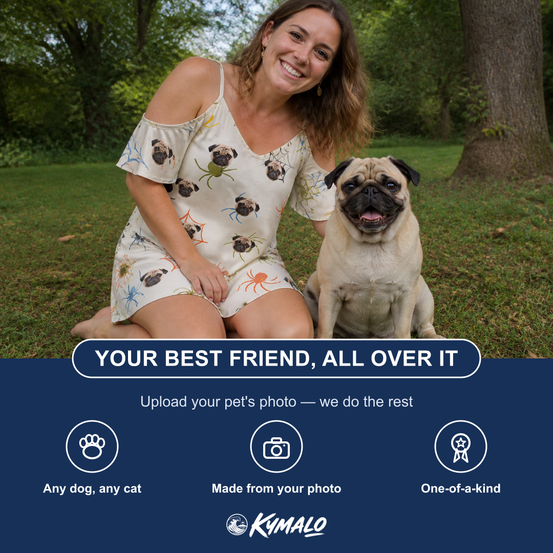 Friends in matching Women's Creepy Crawlers Custom Dog Face Off-Shoulder Dress — a group gift photo