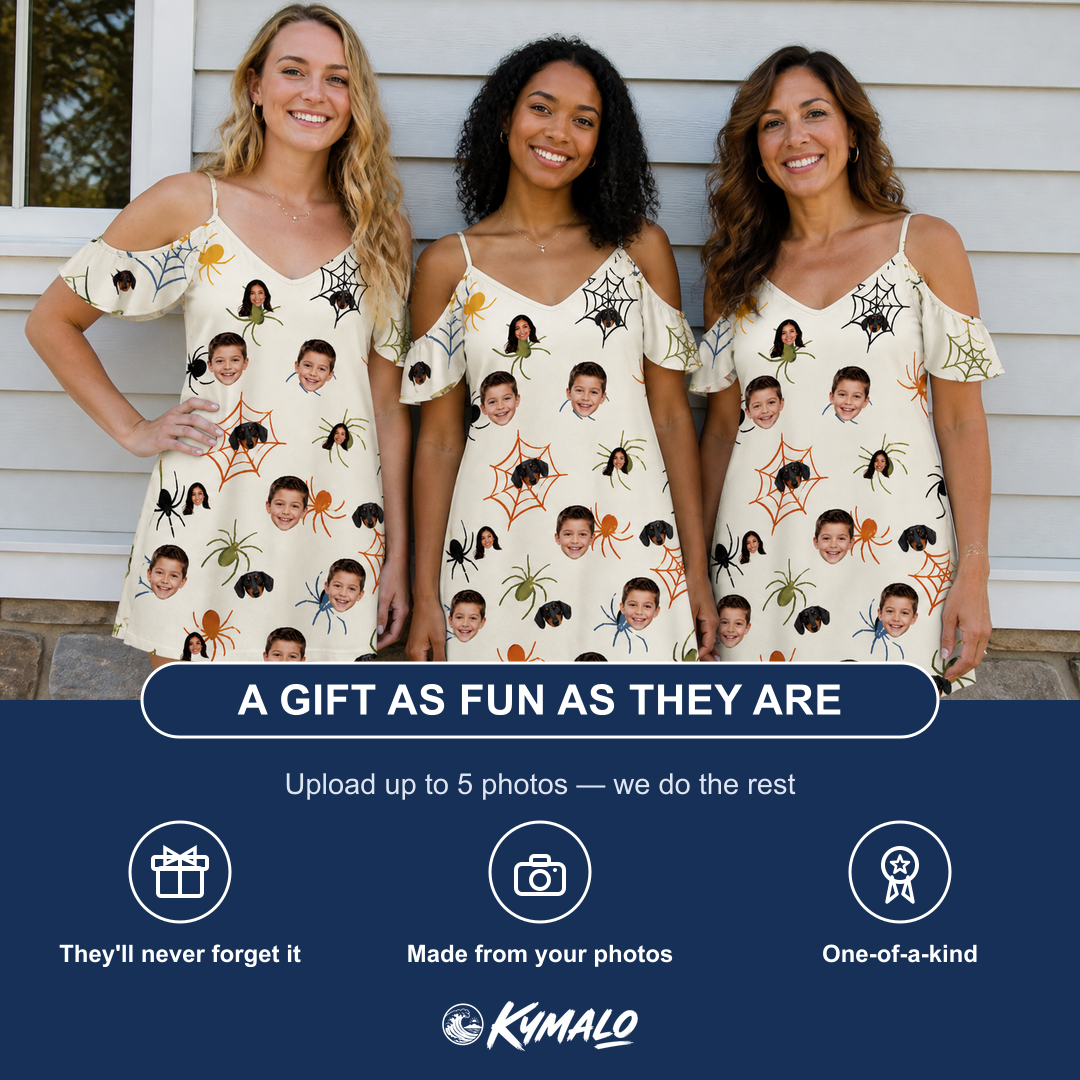 Friends in matching Women's Creepy Crawlers Custom Face Off-Shoulder Dress — a group gift photo