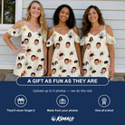 Friends in matching Women's Creepy Crawlers Custom Face Off-Shoulder Dress — a group gift photo