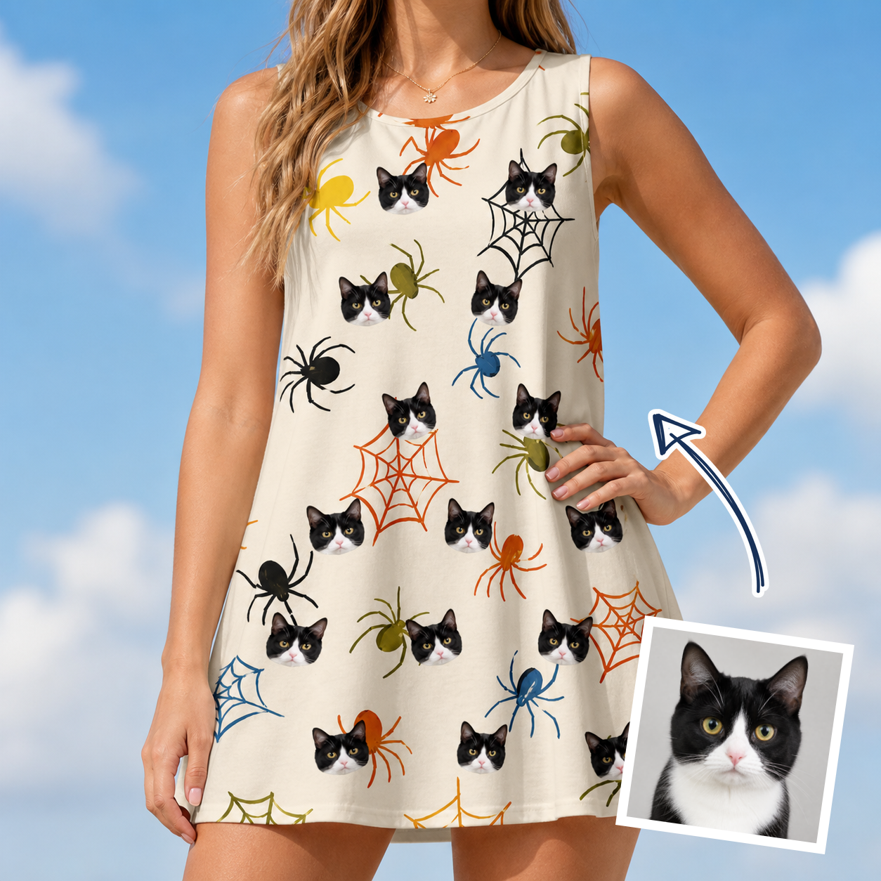 Woman wearing Women's Creepy Crawlers Custom Cat Face Tank Dress — custom faces printed all-over