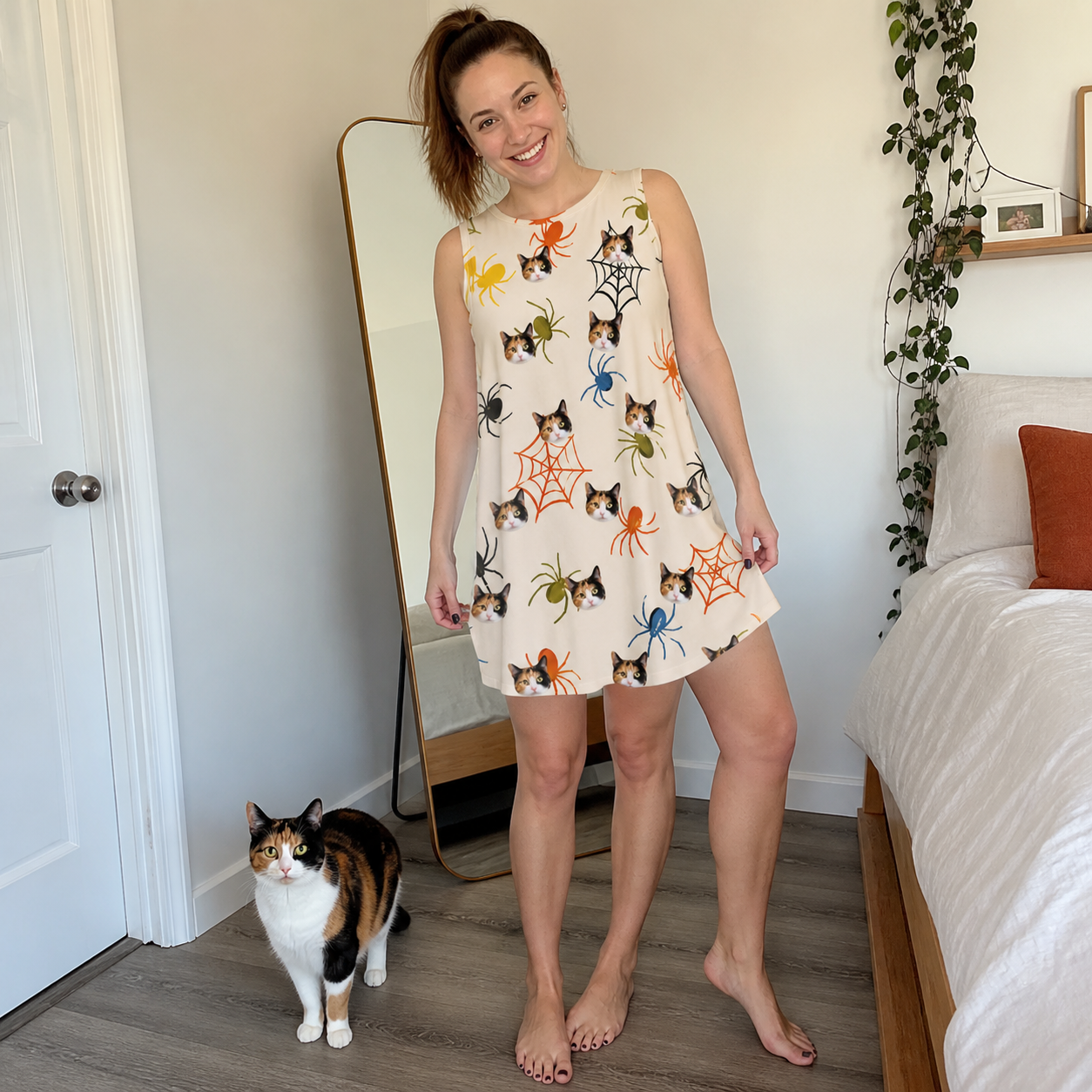 Full-length photo with the pet printed all over this Women's Creepy Crawlers Custom Cat Face Tank Dress
