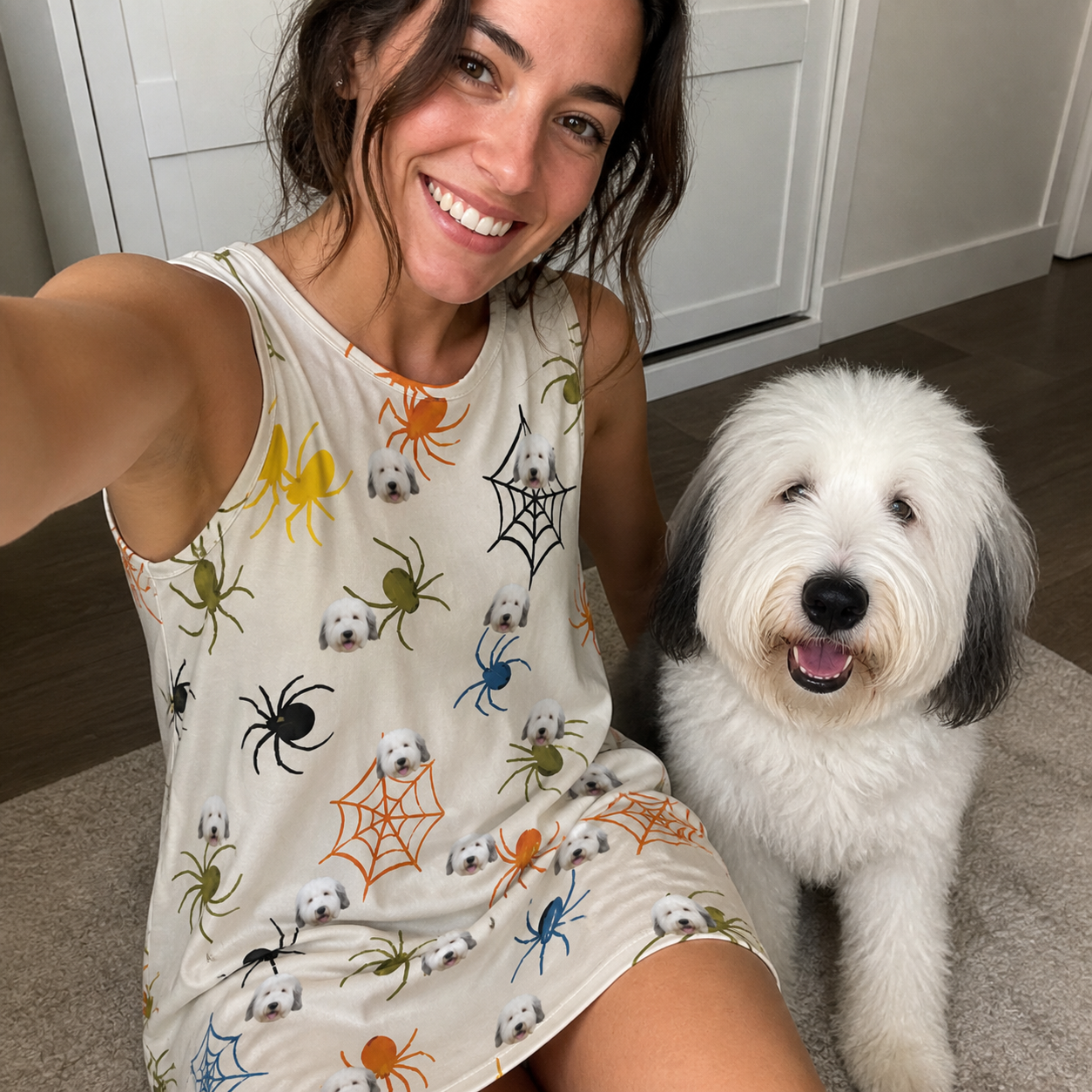 Selfie with the pet whose face is printed all over this Women's Creepy Crawlers Custom Dog Face Tank Dress