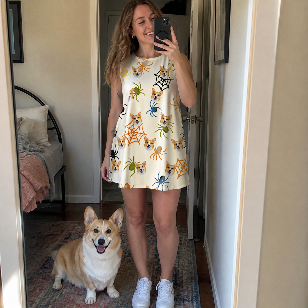 Full-length photo with the pet printed all over this Women's Creepy Crawlers Custom Dog Face Tank Dress