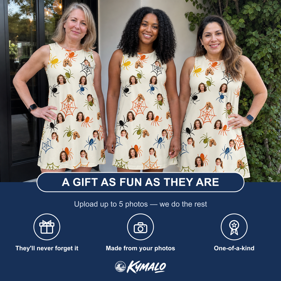 Friends in matching Women's Creepy Crawlers Custom Face Tank Dress — a group gift photo