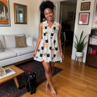 Full-length photo with the pet printed all over this Women's Creepy Crawlers Custom Cat Face V-Neck Dress