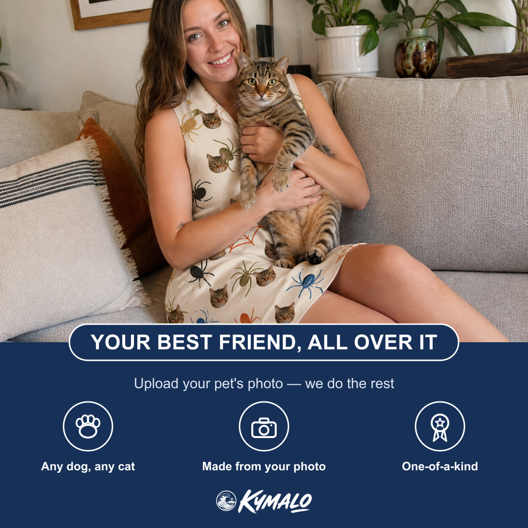 Friends in matching Women's Creepy Crawlers Custom Cat Face V-Neck Dress — a group gift photo