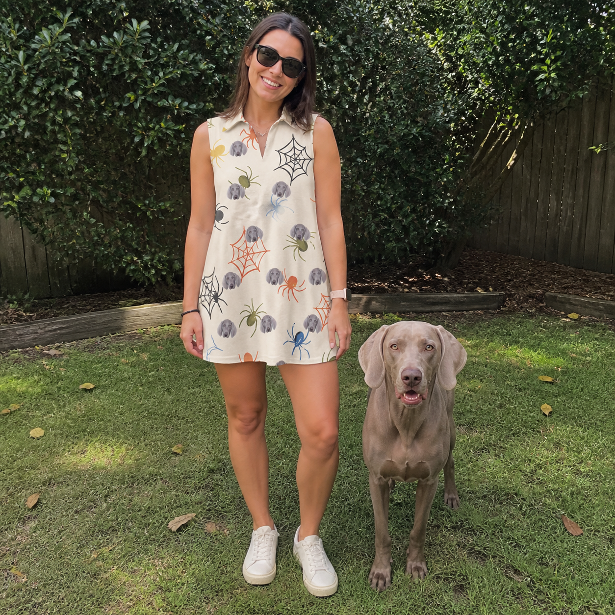 Full-length photo with the pet printed all over this Women's Creepy Crawlers Custom Dog Face V-Neck Dress