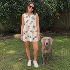 Full-length photo with the pet printed all over this Women's Creepy Crawlers Custom Dog Face V-Neck Dress
