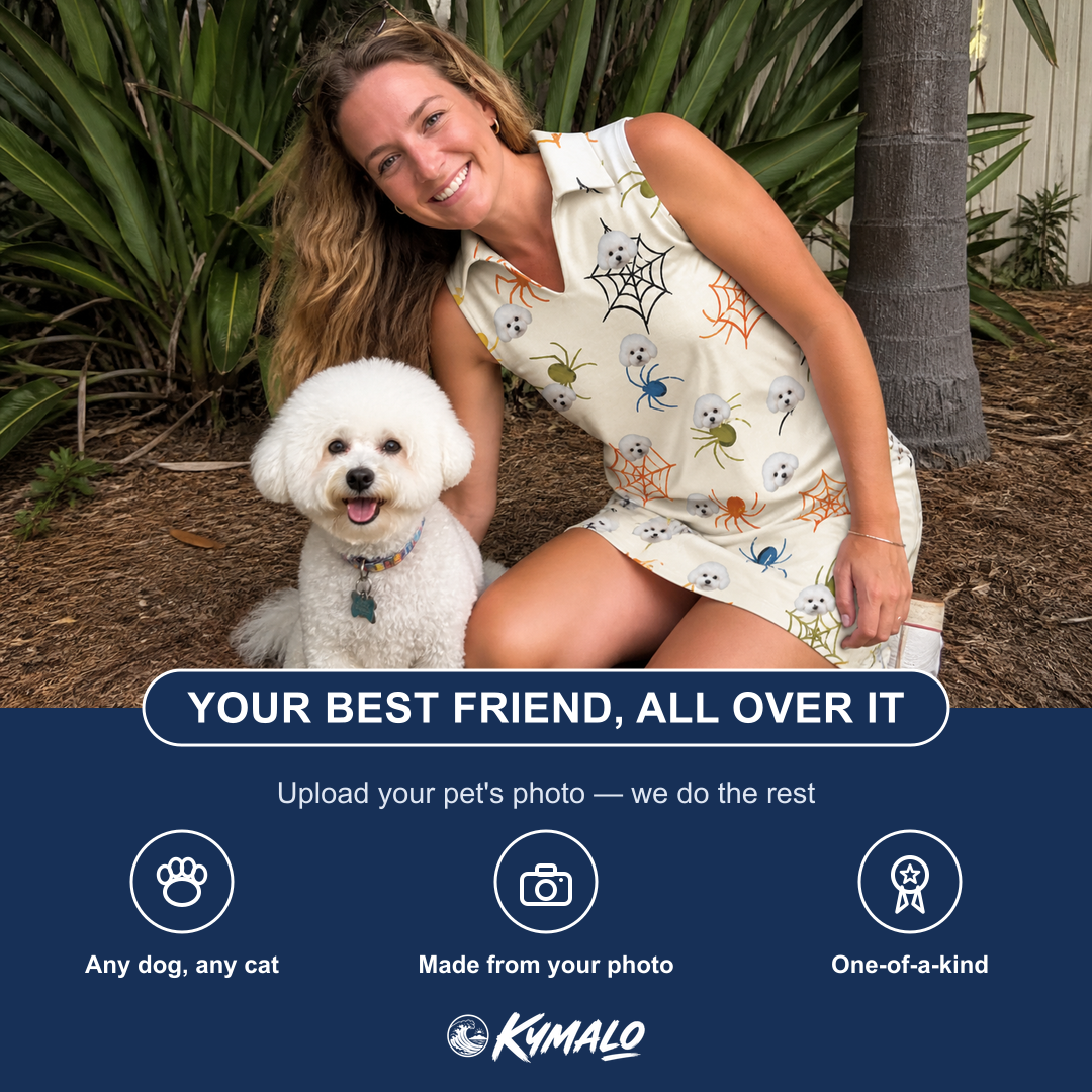 Friends in matching Women's Creepy Crawlers Custom Dog Face V-Neck Dress — a group gift photo