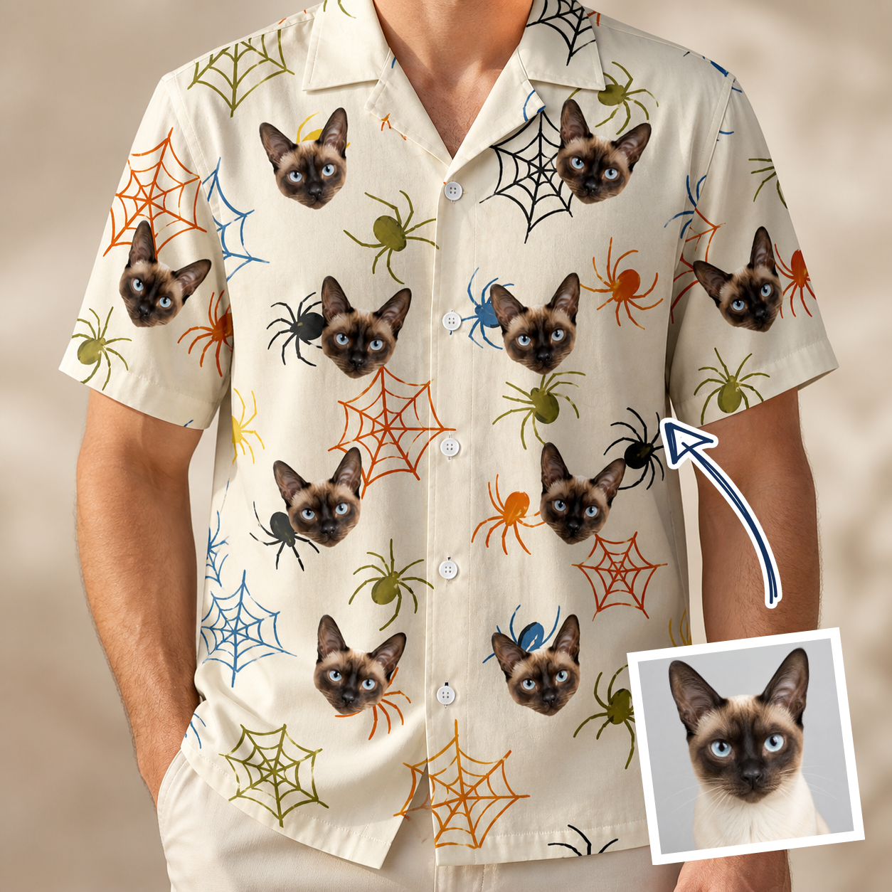Man wearing Men's Creepy Crawlers Custom Cat Face Hawaiian Shirt — custom faces printed all-over