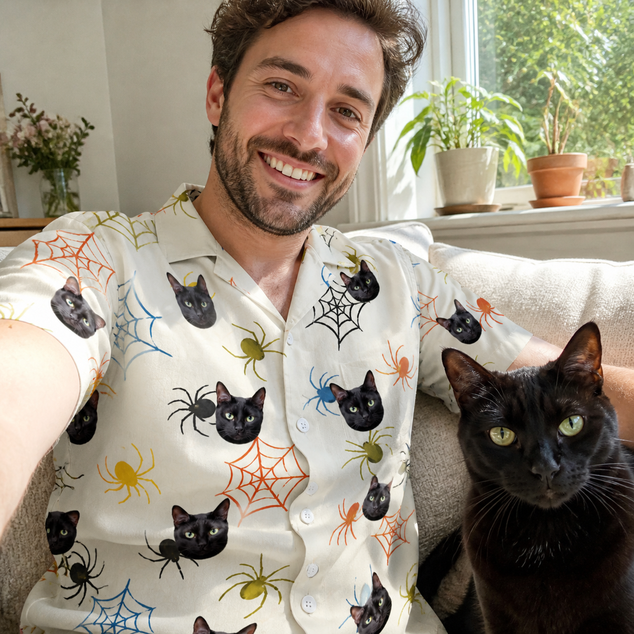 Selfie with the pet whose face is printed all over this Men's Creepy Crawlers Custom Cat Face Hawaiian Shirt