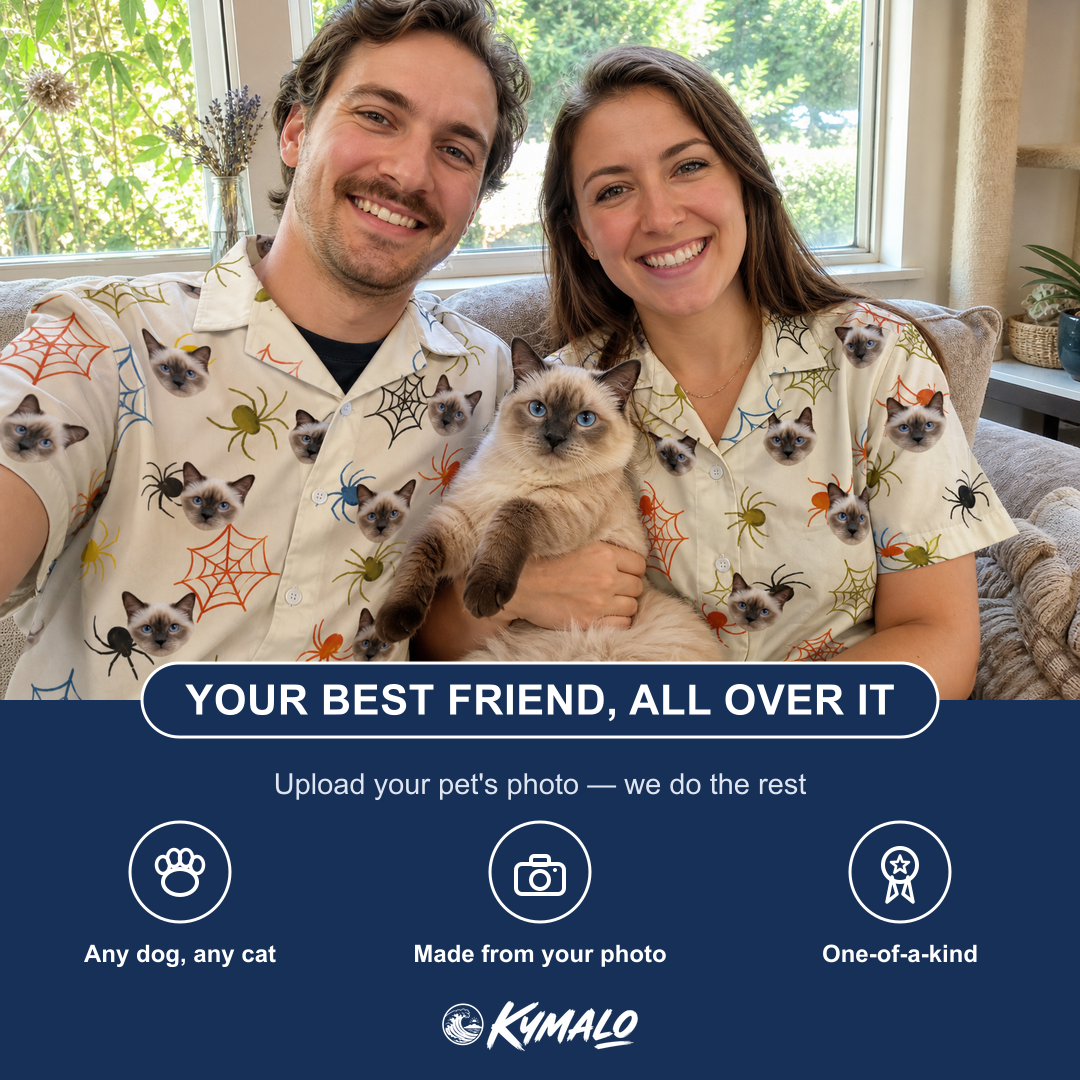 Friends in matching Men's Creepy Crawlers Custom Cat Face Hawaiian Shirt — a group gift photo