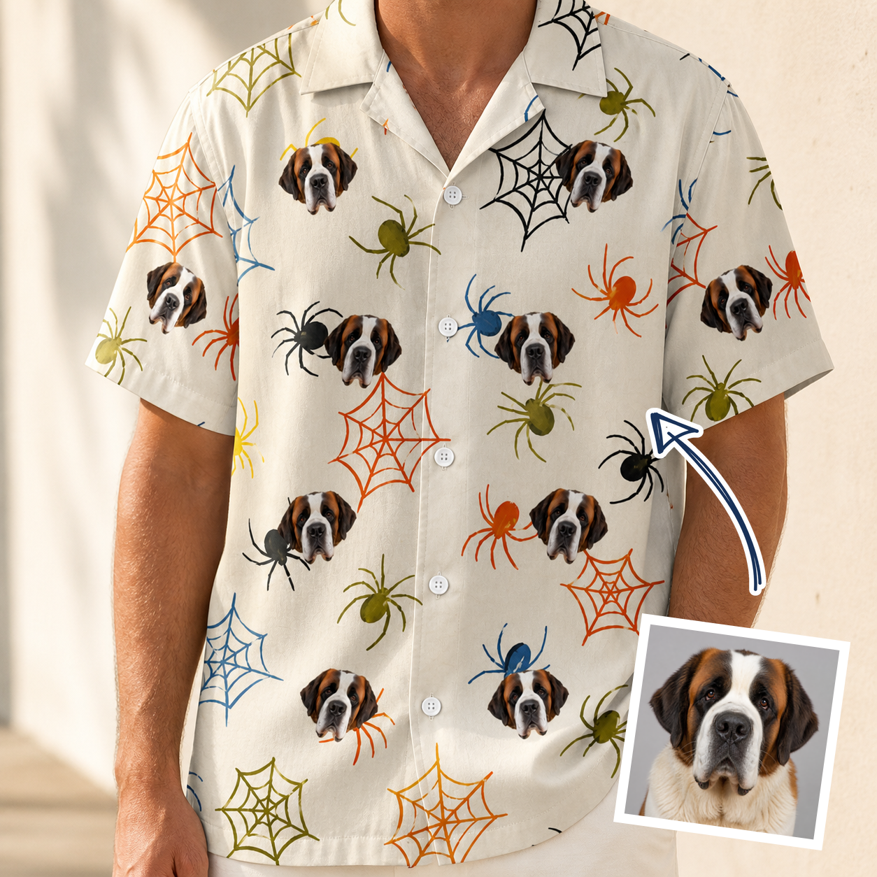 Man wearing Men's Creepy Crawlers Custom Dog Face Hawaiian Shirt — custom faces printed all-over