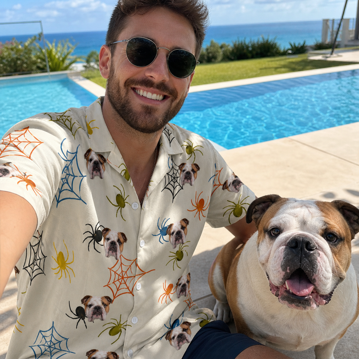 Selfie with the pet whose face is printed all over this Men's Creepy Crawlers Custom Dog Face Hawaiian Shirt