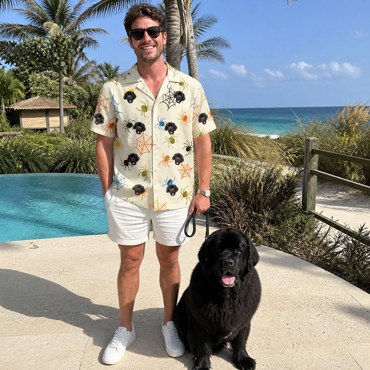 Full-length photo with the pet printed all over this Men's Creepy Crawlers Custom Dog Face Hawaiian Shirt