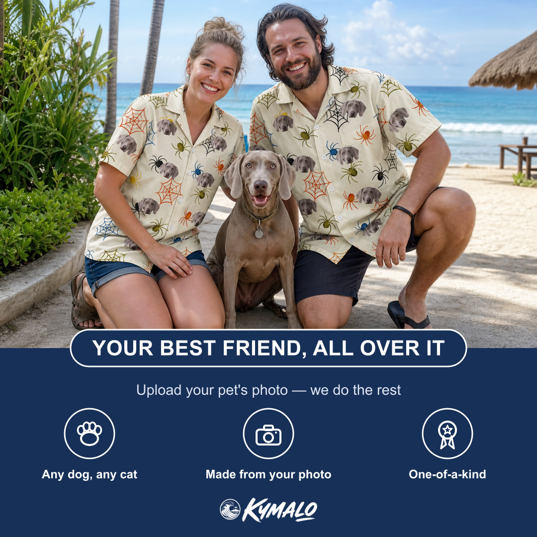 Friends in matching Men's Creepy Crawlers Custom Dog Face Hawaiian Shirt — a group gift photo