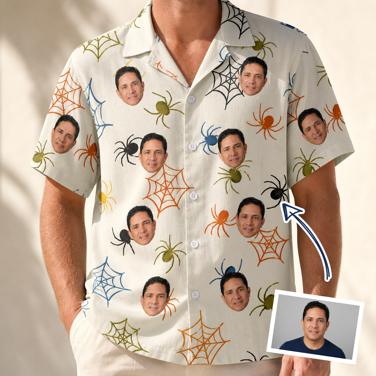 Man wearing Men's Creepy Crawlers Custom Face Hawaiian Shirt — custom faces printed all-over