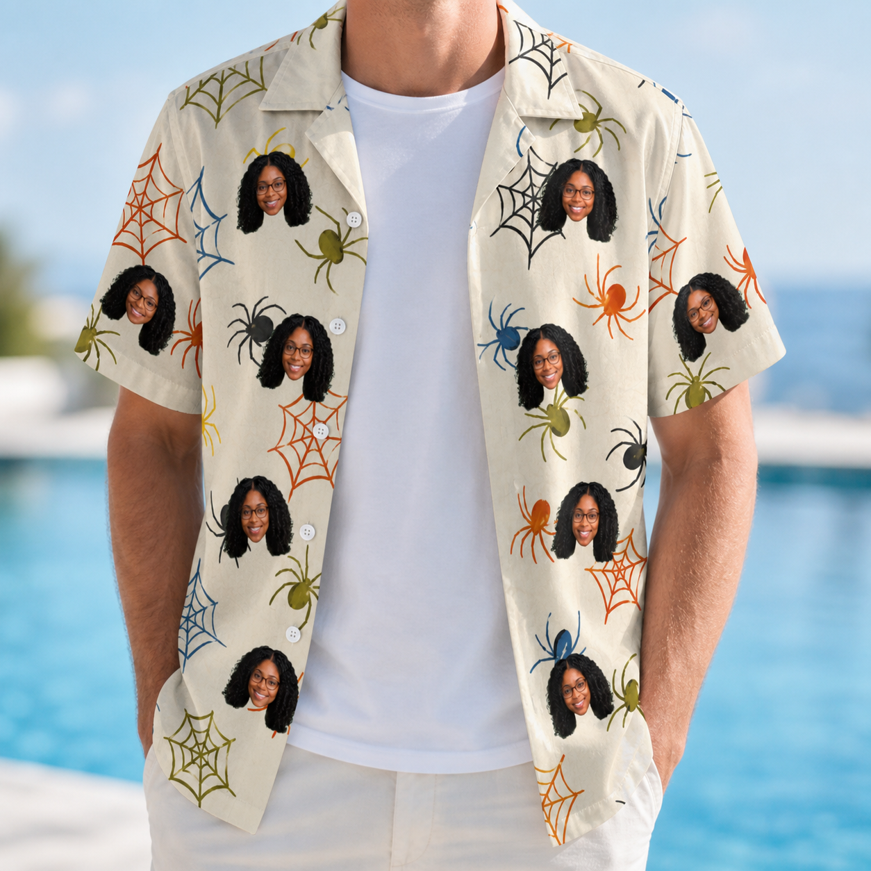 Man wearing Men's Creepy Crawlers Custom Face Hawaiian Shirt open over a white tee