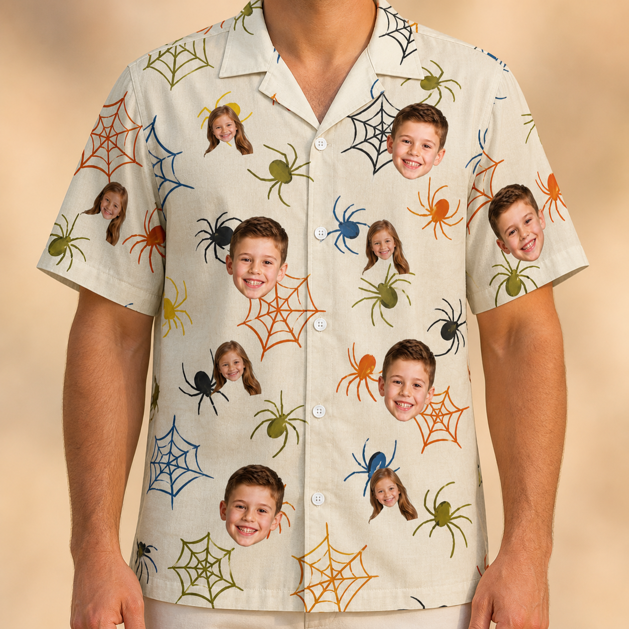 Model wearing Men's Creepy Crawlers Custom Face Hawaiian Shirt printed with kids' faces