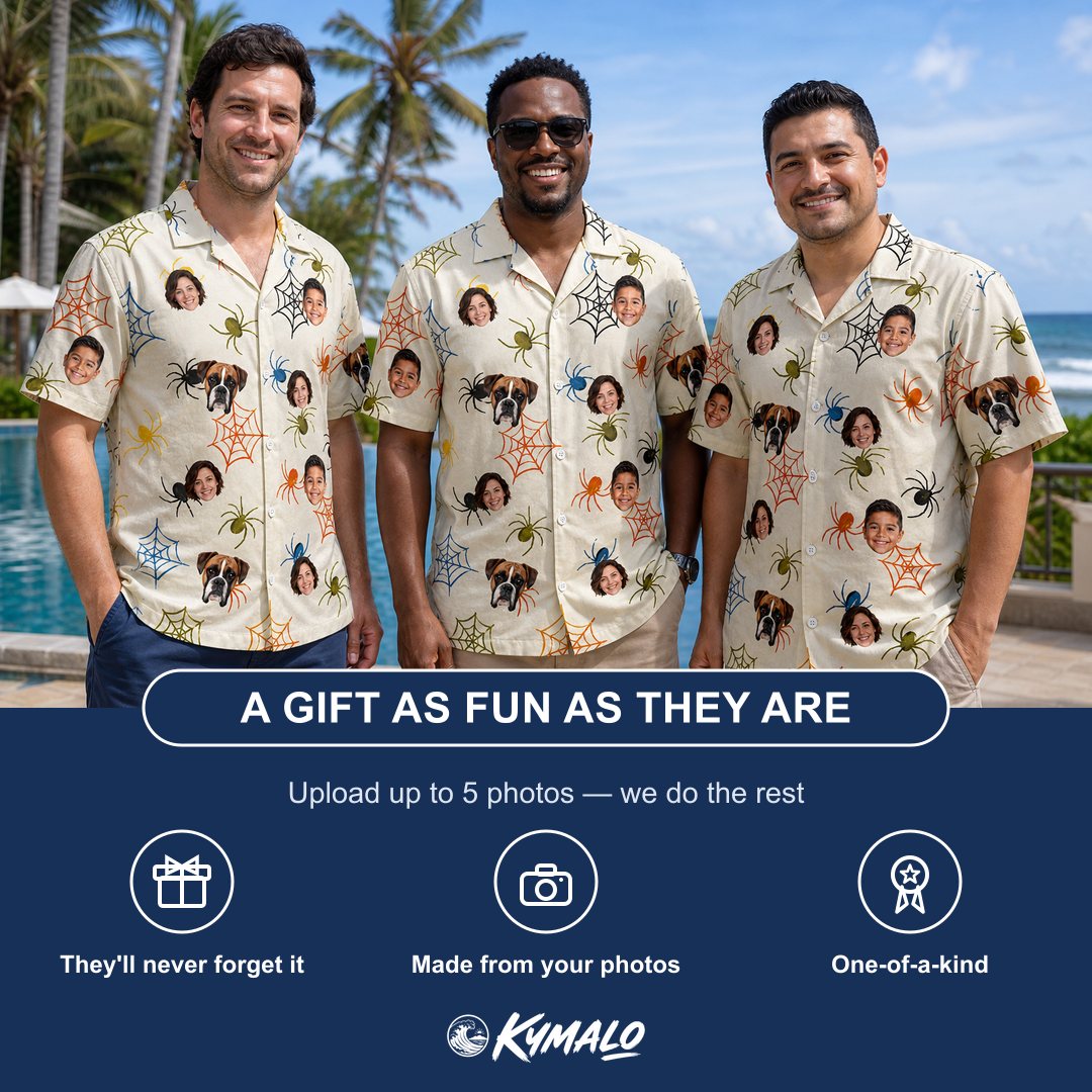 Friends in matching Men's Creepy Crawlers Custom Face Hawaiian Shirt — a group gift photo
