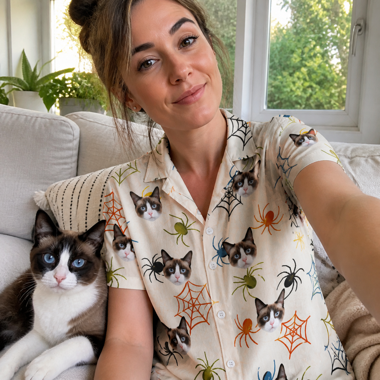 Selfie with the pet whose face is printed all over this Women's Creepy Crawlers Custom Cat Face Hawaiian Shirt