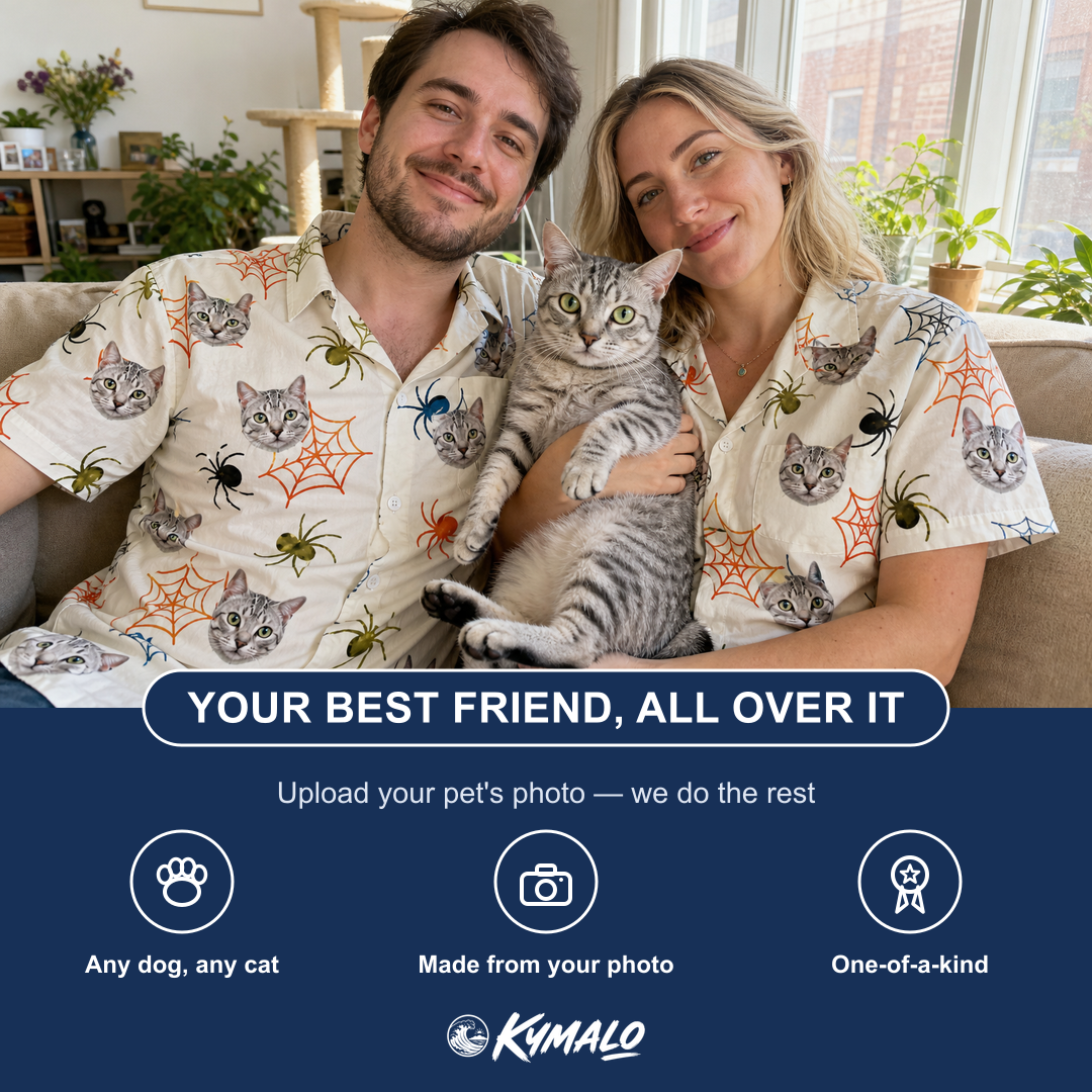Friends in matching Women's Creepy Crawlers Custom Cat Face Hawaiian Shirt — a group gift photo