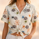 Woman wearing Women's Creepy Crawlers Custom Dog Face Hawaiian Shirt tied at the waist