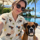 Selfie with the pet whose face is printed all over this Women's Creepy Crawlers Custom Dog Face Hawaiian Shirt
