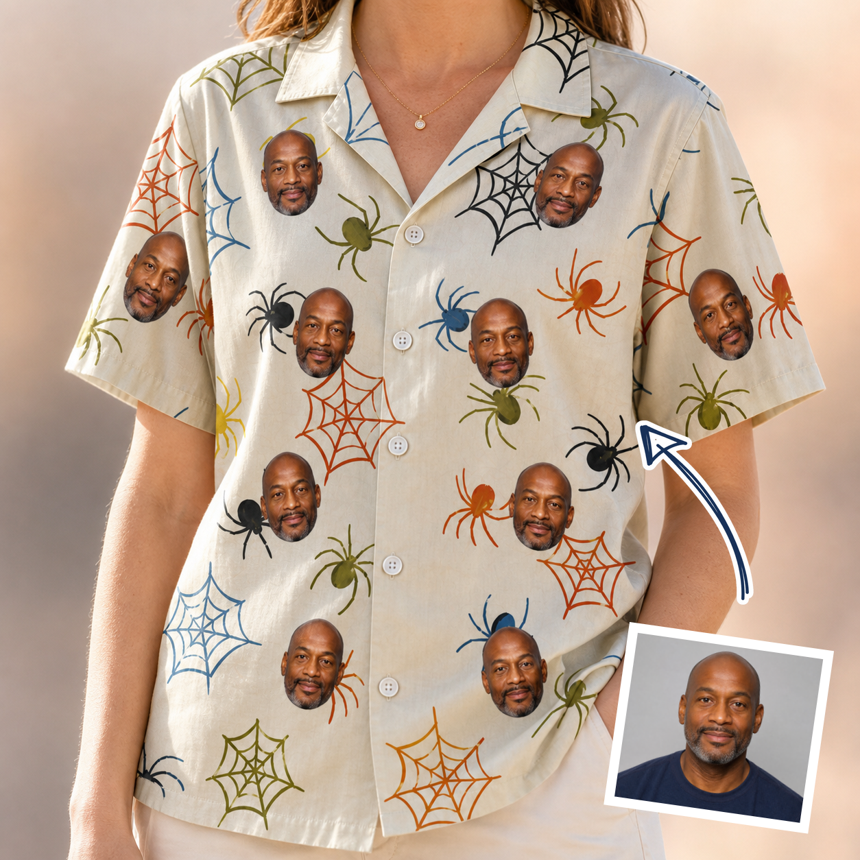 Woman wearing Women's Creepy Crawlers Custom Face Hawaiian Shirt — custom faces printed all-over