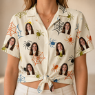 Woman wearing Women's Creepy Crawlers Custom Face Hawaiian Shirt tied at the waist