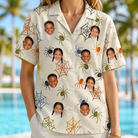 Model wearing Women's Creepy Crawlers Custom Face Hawaiian Shirt printed with kids' faces