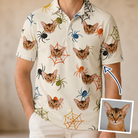 Man wearing Men's Creepy Crawlers Custom Cat Face Polo Shirt — custom faces printed all-over