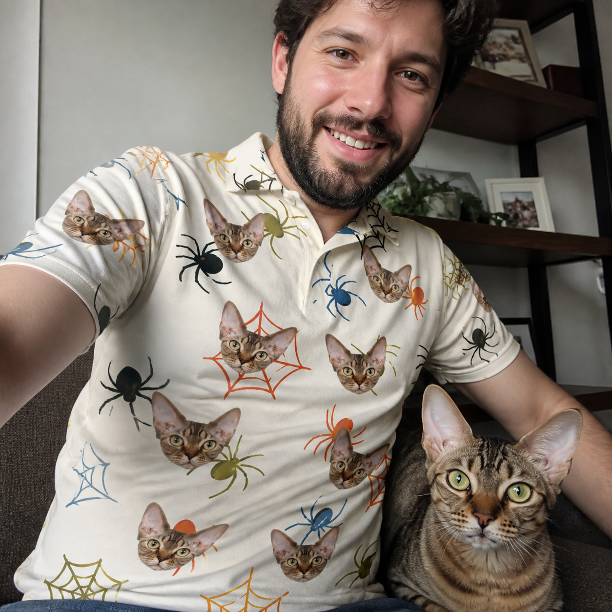 Selfie with the pet whose face is printed all over this Men's Creepy Crawlers Custom Cat Face Polo Shirt