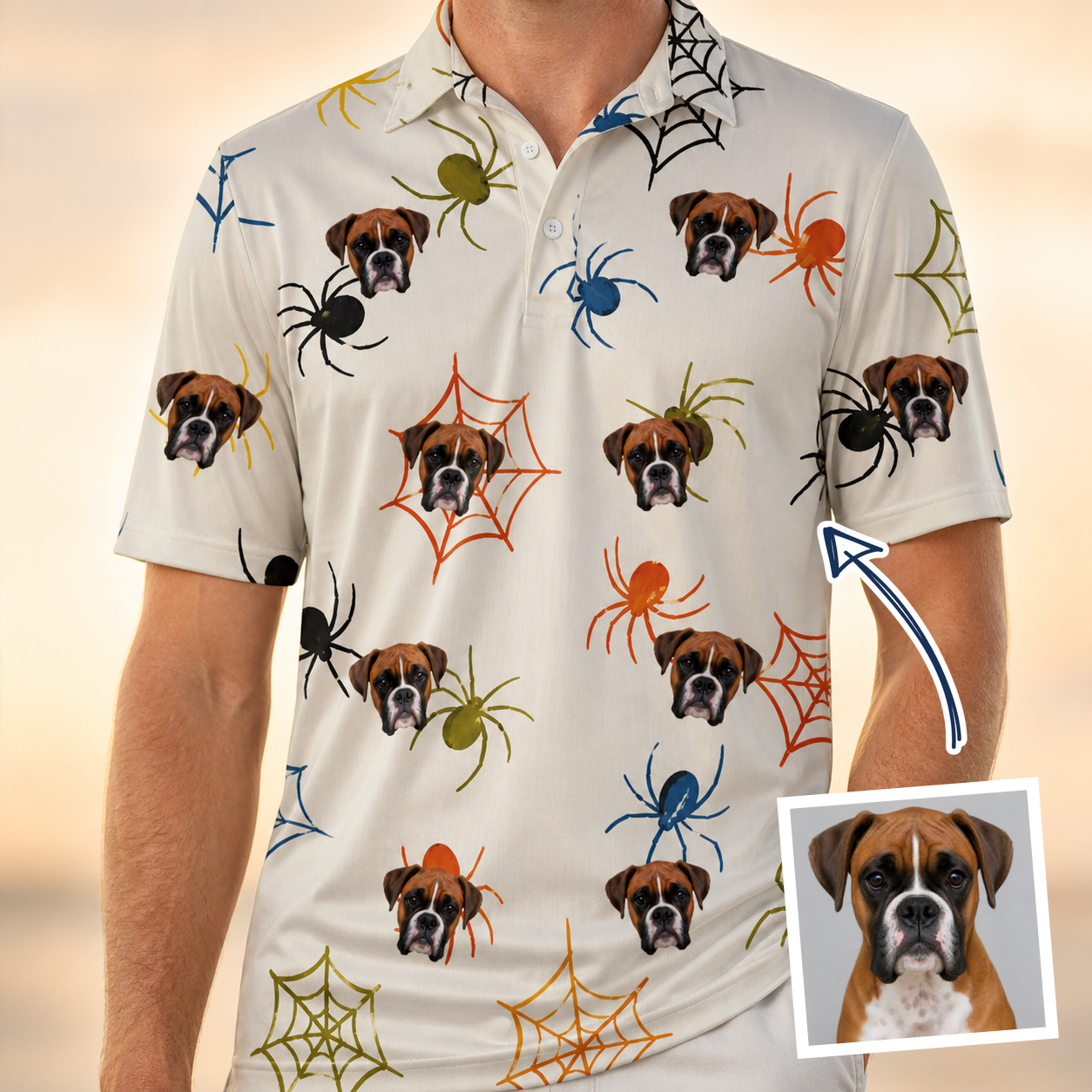 Man wearing Men's Creepy Crawlers Custom Dog Face Polo Shirt — custom faces printed all-over