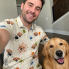 Selfie with the pet whose face is printed all over this Men's Creepy Crawlers Custom Dog Face Polo Shirt