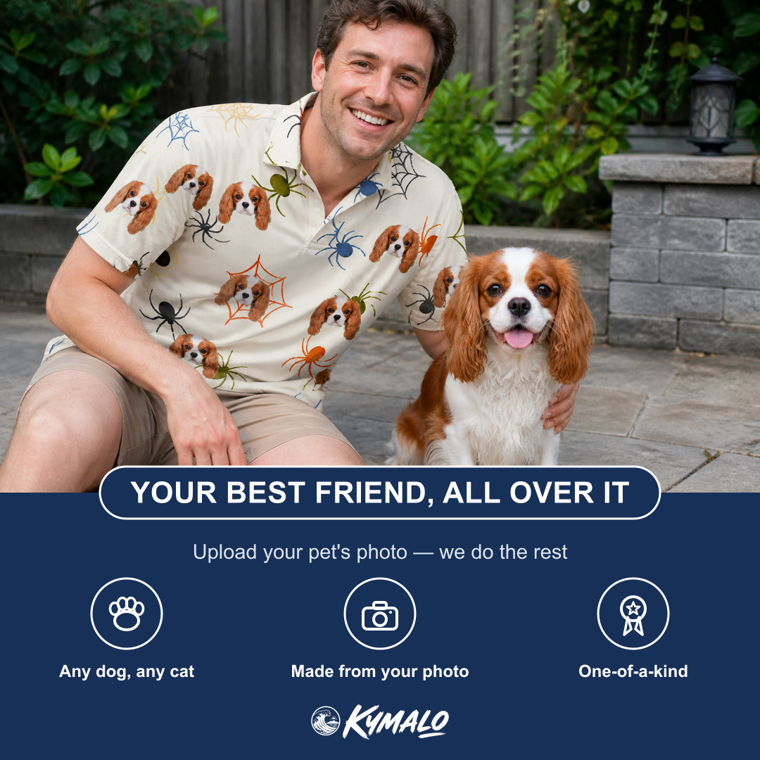 Friends in matching Men's Creepy Crawlers Custom Dog Face Polo Shirt — a group gift photo