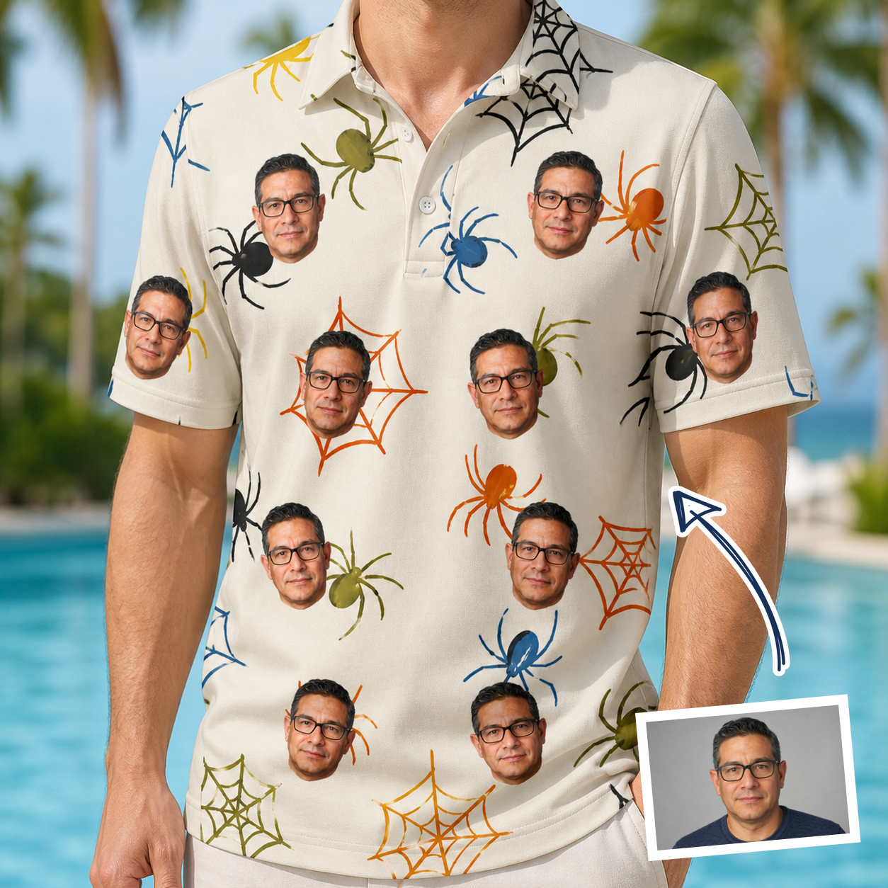 Man wearing Men's Creepy Crawlers Custom Face Polo Shirt — custom faces printed all-over