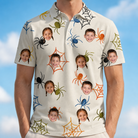 Model wearing Men's Creepy Crawlers Custom Face Polo Shirt printed with kids' faces