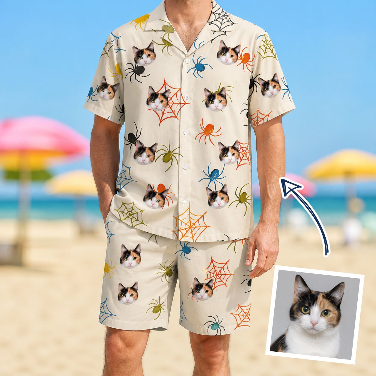 Man wearing Men's Creepy Crawlers Custom Cat Face Shirt & Shorts Set — custom faces printed all-over