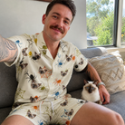 Selfie with the pet whose face is printed all over this Men's Creepy Crawlers Custom Cat Face Shirt & Shorts Set