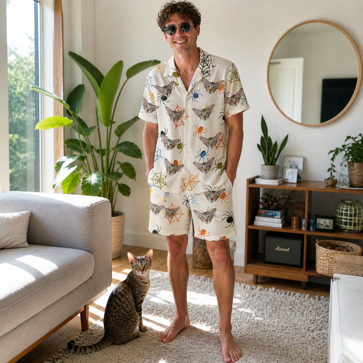 Full-length photo with the pet printed all over this Men's Creepy Crawlers Custom Cat Face Shirt & Shorts Set