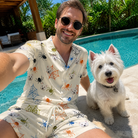 Selfie with the pet whose face is printed all over this Men's Creepy Crawlers Custom Dog Face Shirt & Shorts Set
