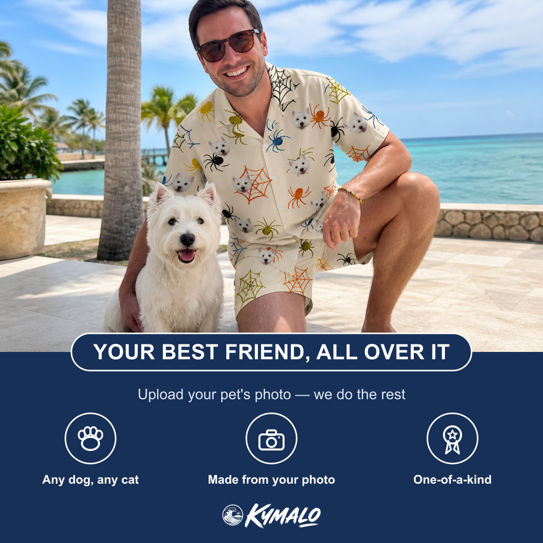 Friends in matching Men's Creepy Crawlers Custom Dog Face Shirt & Shorts Set — a group gift photo