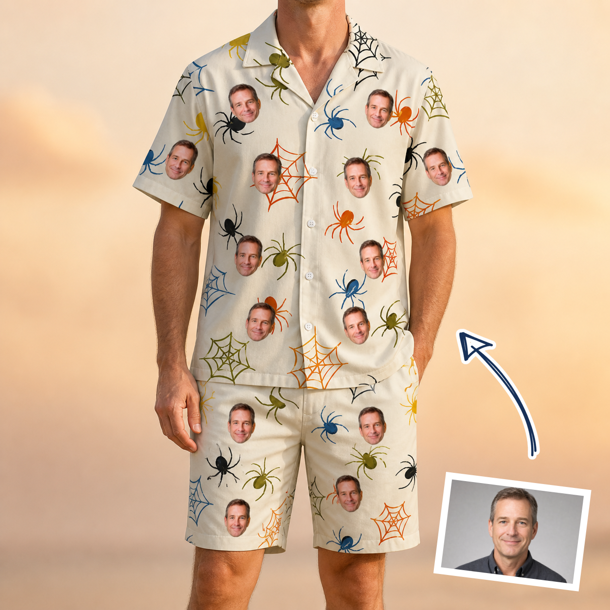 Man wearing Men's Creepy Crawlers Custom Face Shirt & Shorts Set — custom faces printed all-over