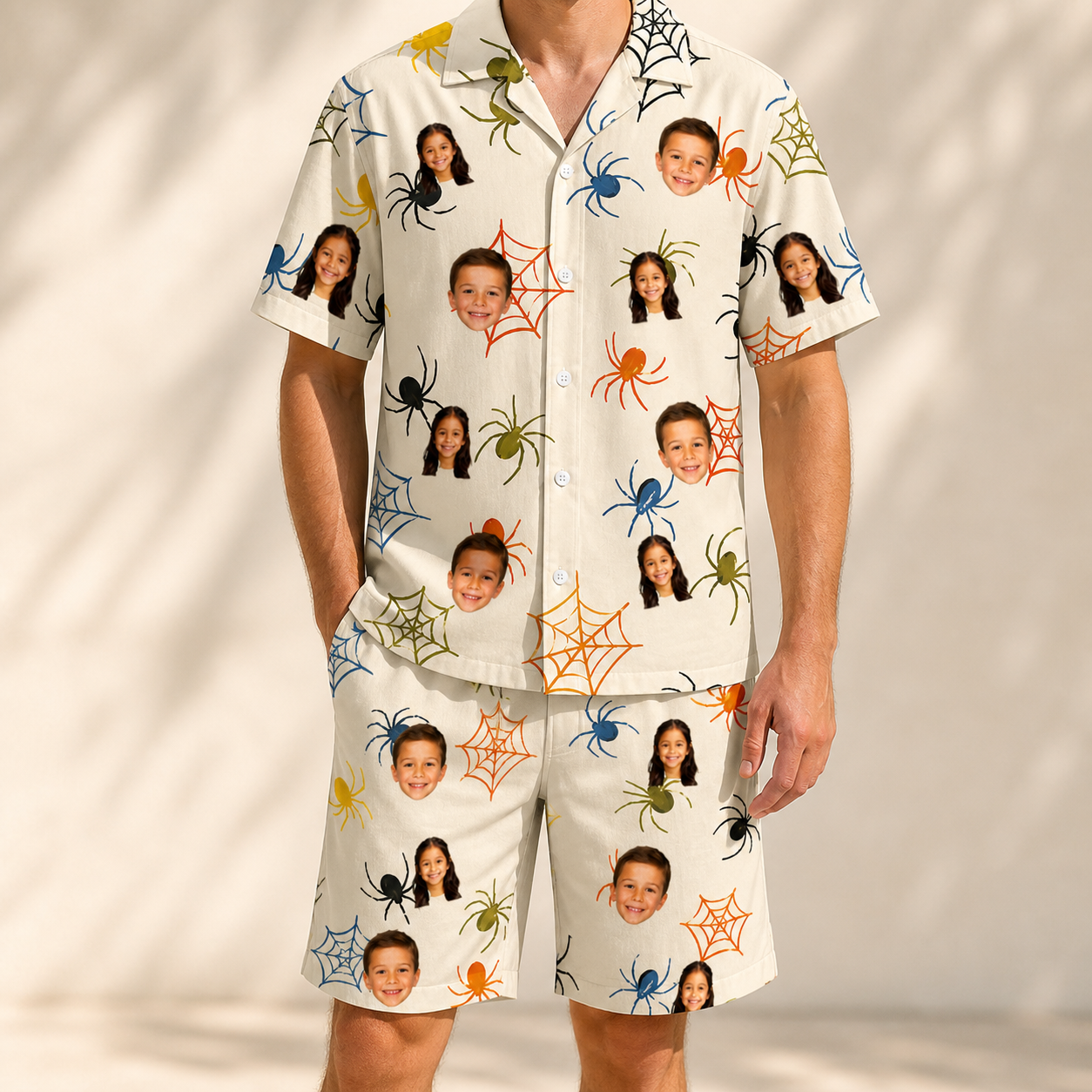 Model wearing Men's Creepy Crawlers Custom Face Shirt & Shorts Set printed with kids' faces