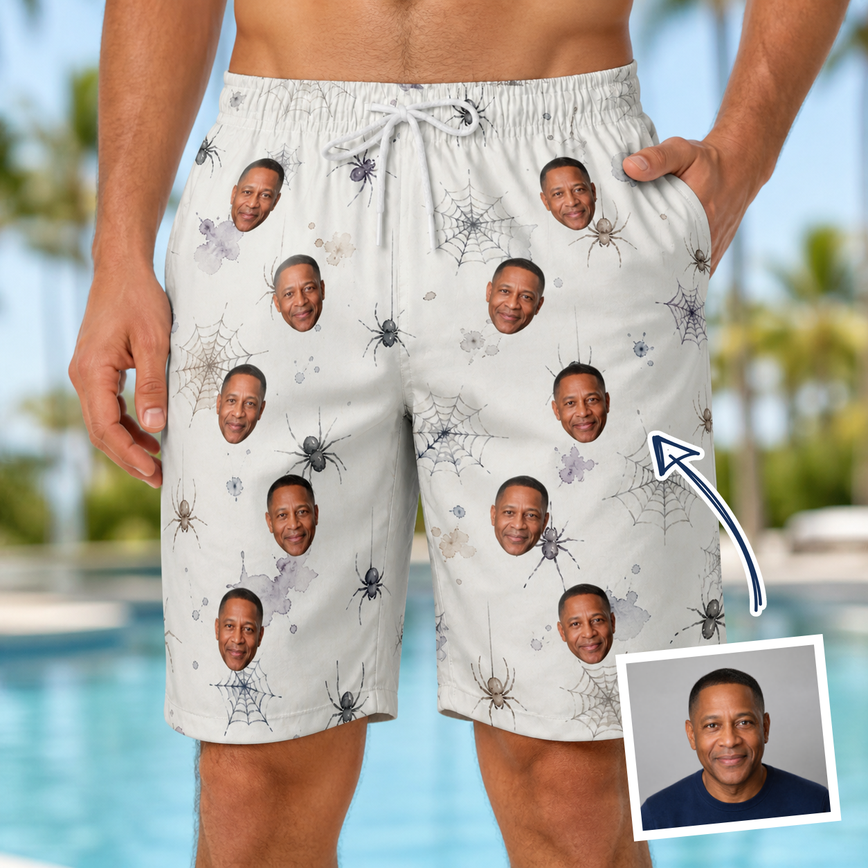Man wearing Men's Eight-Legged Elegance Custom Face Beach Shorts — custom faces printed all-over