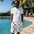 Real-life photo of someone wearing Men's Eight-Legged Elegance Custom Face Beach Shorts — custom faces printed all-over