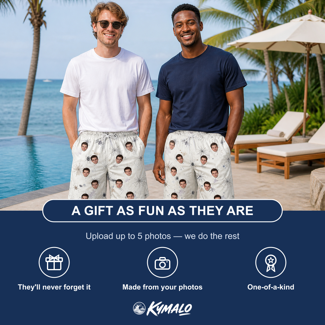 Friends in matching Men's Eight-Legged Elegance Custom Face Beach Shorts — a group gift photo